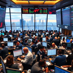 A vibrant and dynamic trading floor scene filled with traders actively engaging in stock exchanges