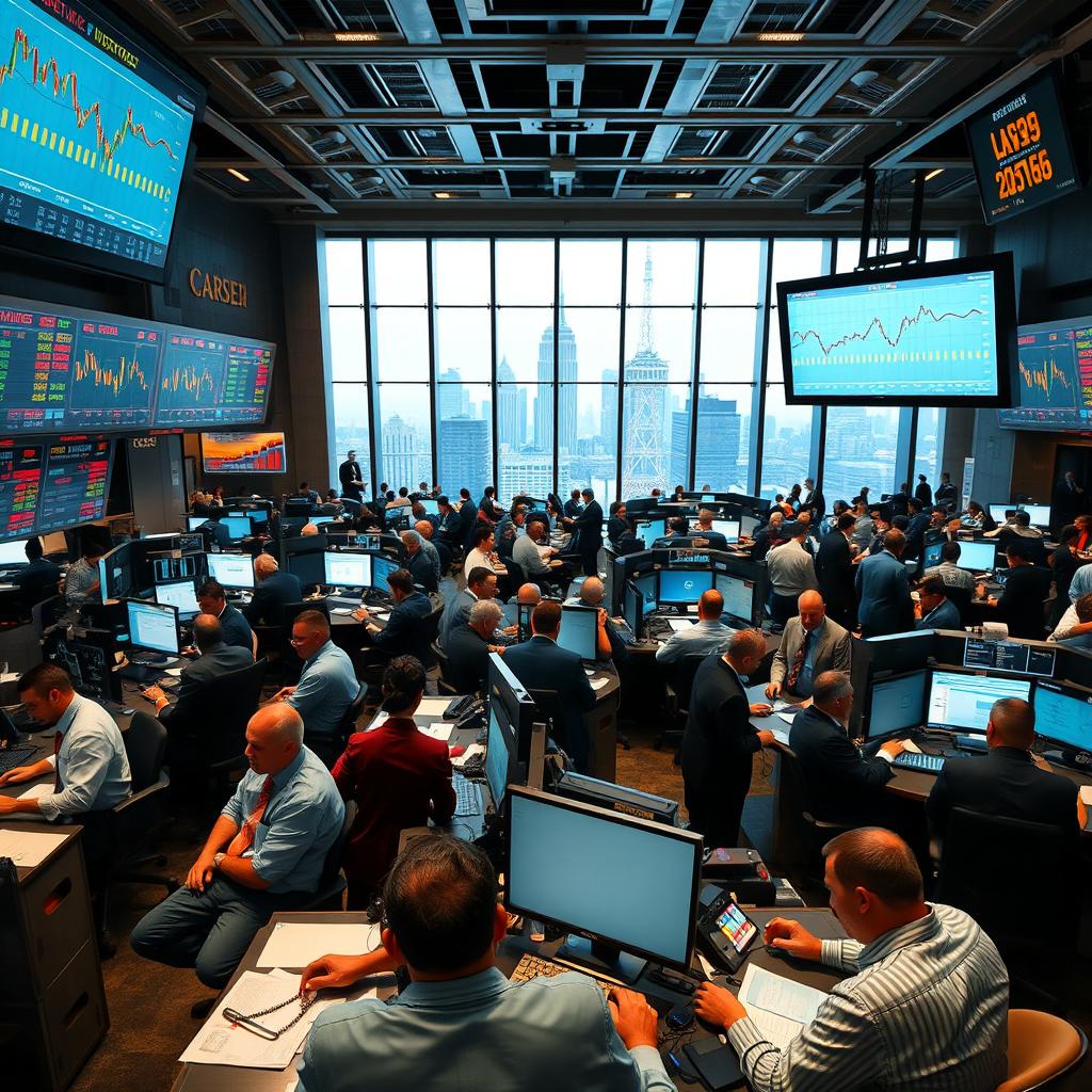 A vibrant and dynamic trading floor scene filled with traders actively engaging in stock exchanges