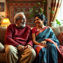 A scene depicting an old uncle and his beautiful bhabhi (sister-in-law) in a cozy living room