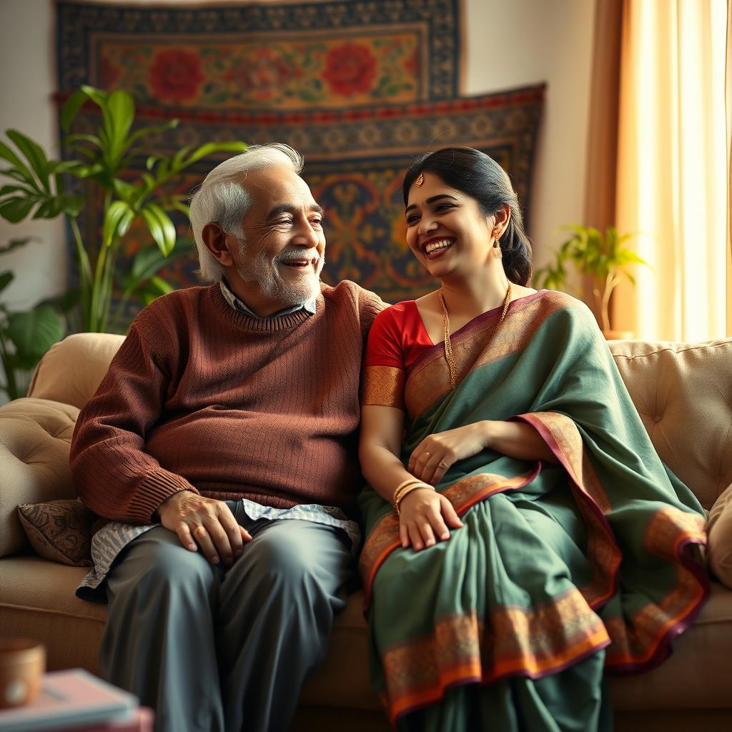 A scene depicting an old uncle and his beautiful bhabhi (sister-in-law) in a cozy living room