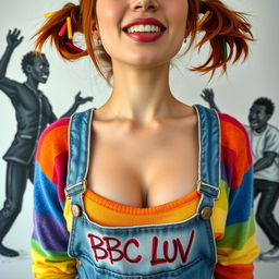 A close-up shot featuring a gorgeous female with auburn hair styled in playful pigtails adorned with colorful tips