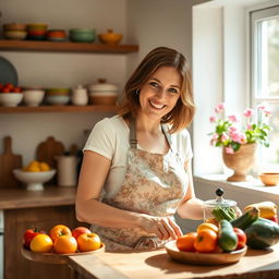 A serene and cheerful housewife in a cozy kitchen, wearing a floral apron and smiling while preparing a meal