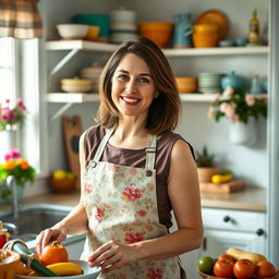 A serene and cheerful housewife in a cozy kitchen, wearing a floral apron and smiling while preparing a meal