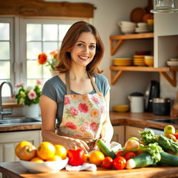 A serene and cheerful housewife in a cozy kitchen, wearing a floral apron and smiling while preparing a meal