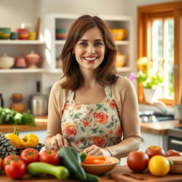 A serene and cheerful housewife in a cozy kitchen, wearing a floral apron and smiling while preparing a meal