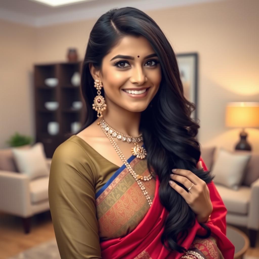 A beautiful and attractive South Asian woman wearing traditional attire, such as a colorful saree or an elegant lehenga, adorned with intricate jewelry including bangles and earrings