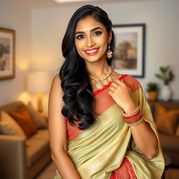 A beautiful and attractive South Asian woman wearing traditional attire, such as a colorful saree or an elegant lehenga, adorned with intricate jewelry including bangles and earrings