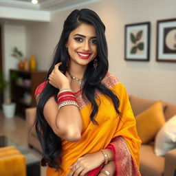 A beautiful and attractive South Asian woman wearing traditional attire, such as a colorful saree or an elegant lehenga, adorned with intricate jewelry including bangles and earrings