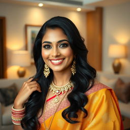 A beautiful and attractive South Asian woman wearing traditional attire, such as a colorful saree or an elegant lehenga, adorned with intricate jewelry including bangles and earrings