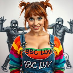 A close-up portrait of a gorgeous female with auburn hair styled in playful pigtails