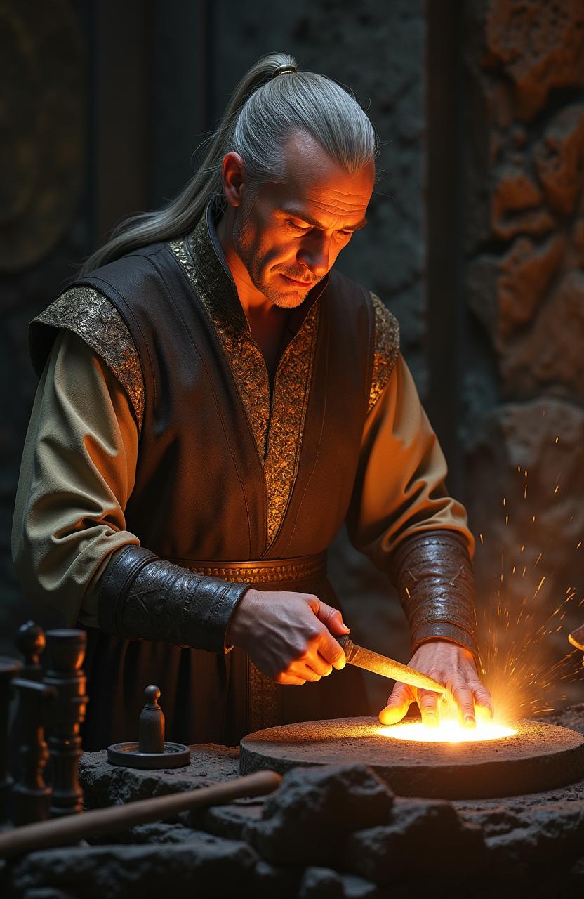 A live action hyper-realistic image of a middle-aged Celebrimbor from 'The Lord of the Rings', depicted in his grand forge