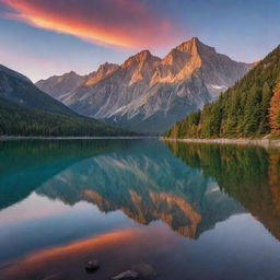 A serene landscape during sunset with magnificent mountains in the background, and a calm lake reflecting the vibrant colors of the sky.