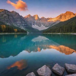 A serene landscape during sunset with magnificent mountains in the background, and a calm lake reflecting the vibrant colors of the sky.