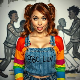 A closeup shot of a gorgeous woman with auburn hair styled in pigtails, wearing a rainbow-colored half sweater and a belly top that reveals her midriff