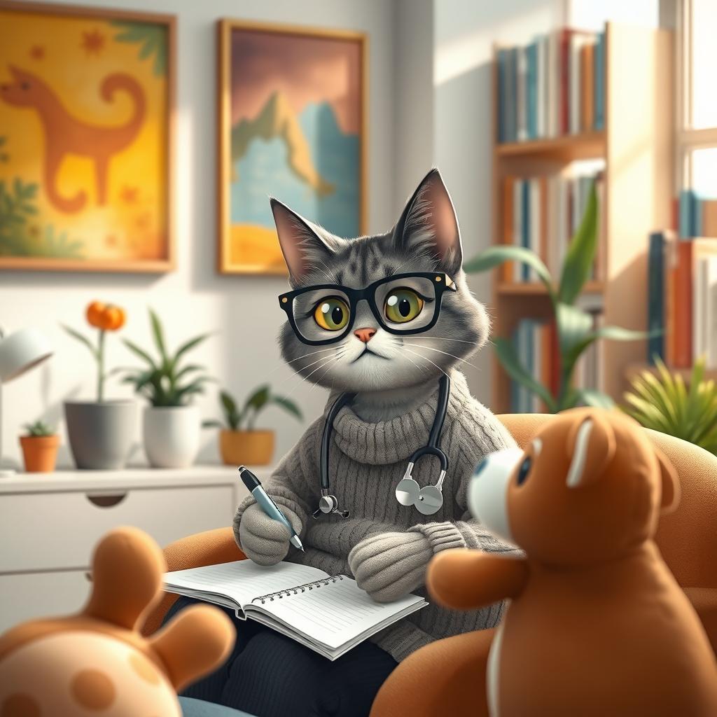 A whimsical scene featuring a psychologist cat, wearing stylish glasses and a cozy sweater, sitting comfortably in a modern office setting