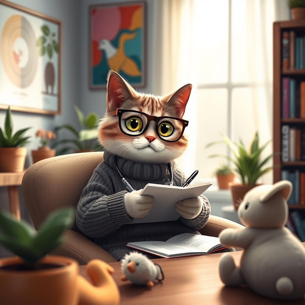 A whimsical scene featuring a psychologist cat, wearing stylish glasses and a cozy sweater, sitting comfortably in a modern office setting