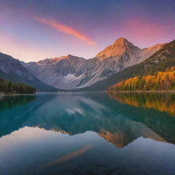 A serene landscape during sunset with magnificent mountains in the background, and a calm lake reflecting the vibrant colors of the sky.