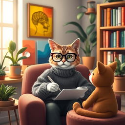 A whimsical scene featuring a psychologist cat, wearing stylish glasses and a cozy sweater, sitting comfortably in a modern office setting