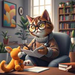 A whimsical scene featuring a psychologist cat, wearing stylish glasses and a cozy sweater, sitting comfortably in a modern office setting