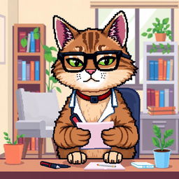 A pixel art rendition of a psychologist cat wearing stylish glasses, deeply focused while taking notes on a small notepad