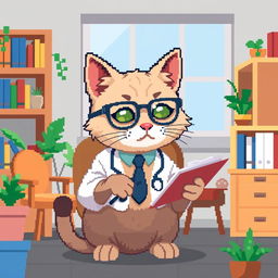 A pixel art rendition of a psychologist cat wearing stylish glasses, deeply focused while taking notes on a small notepad