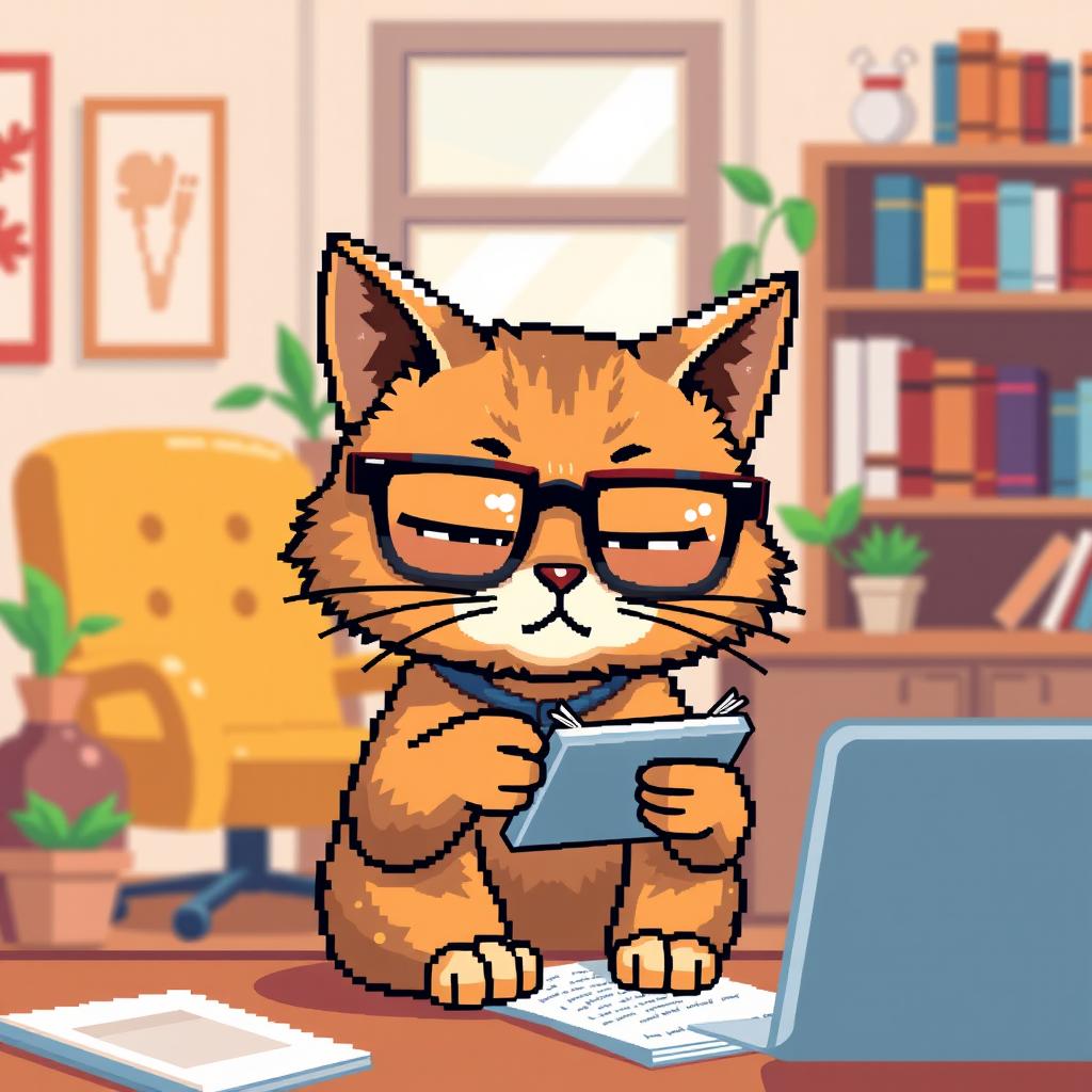 A pixel art rendition of a psychologist cat wearing stylish glasses, deeply focused while taking notes on a small notepad