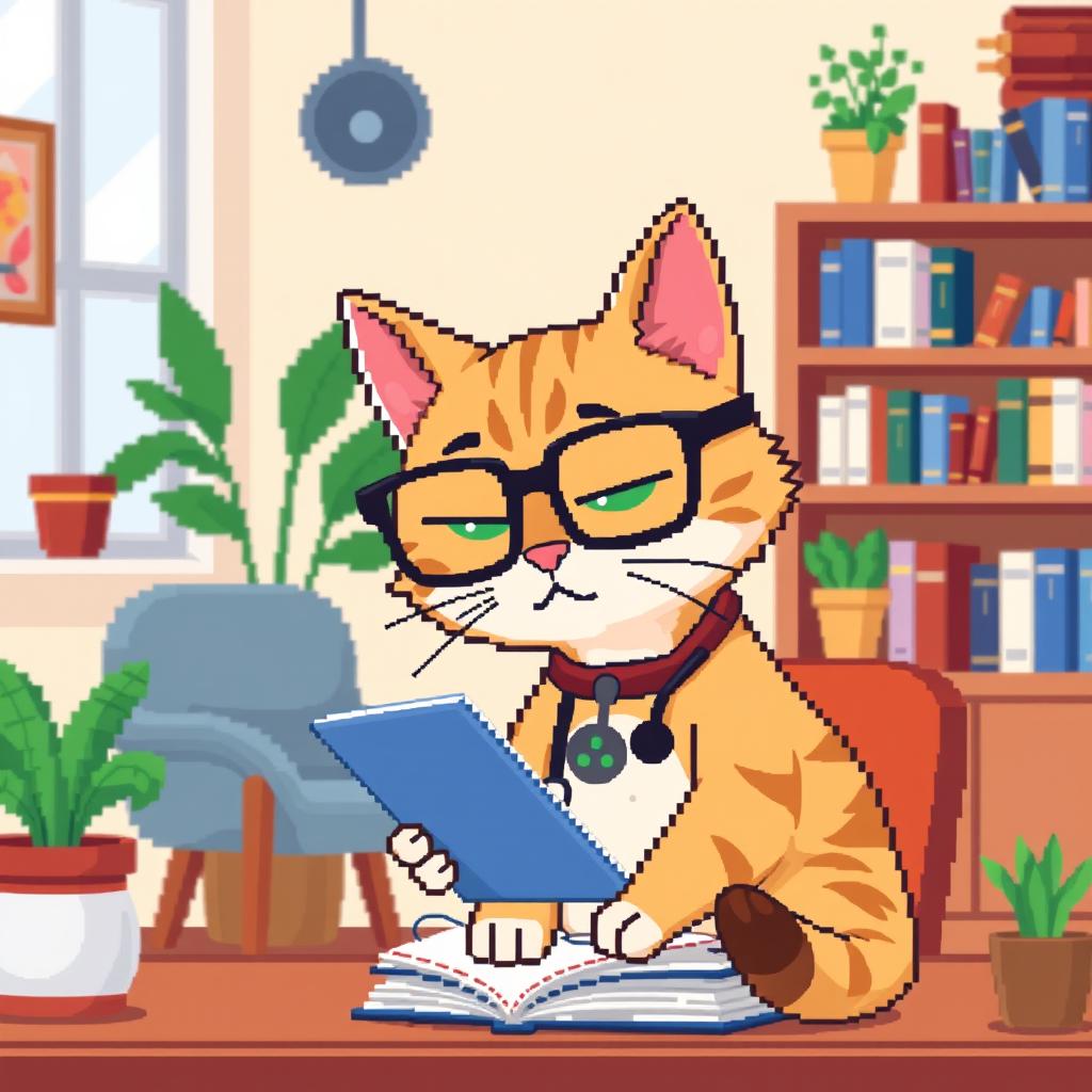 A pixel art rendition of a psychologist cat wearing stylish glasses, deeply focused while taking notes on a small notepad