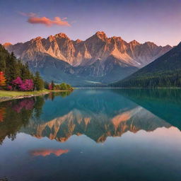 A serene landscape during sunset with magnificent mountains in the background, and a calm lake reflecting the vibrant colors of the sky.