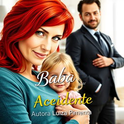 An engaging ebook cover featuring a striking red-haired woman, a young blonde girl, and a man dressed in a sharp suit