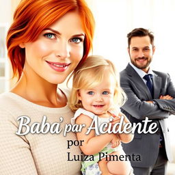 An engaging ebook cover featuring a striking red-haired woman, a young blonde girl, and a man dressed in a sharp suit