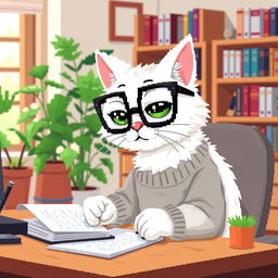 A pixel art depiction of a white psychologist cat wearing stylish glasses, sitting at a desk and taking notes on a notepad