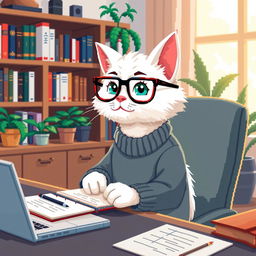 A pixel art depiction of a white psychologist cat wearing stylish glasses, sitting at a desk and taking notes on a notepad