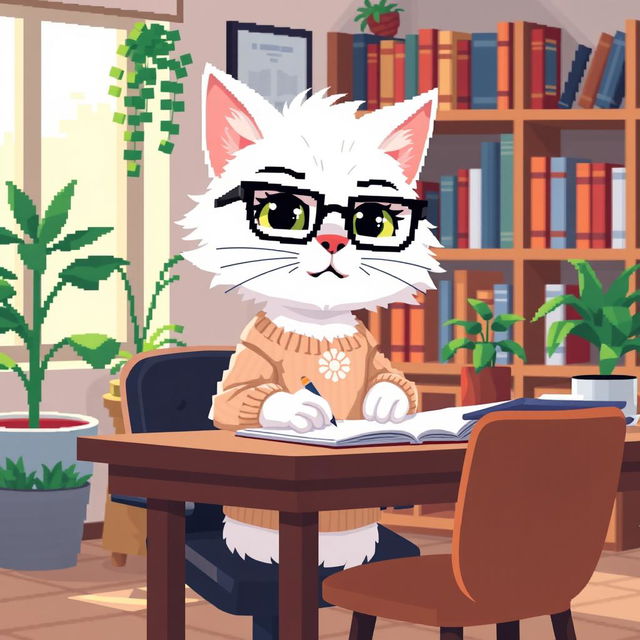 A pixel art depiction of a white psychologist cat wearing stylish glasses, sitting at a desk and taking notes on a notepad