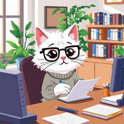 A pixel art depiction of a white psychologist cat wearing stylish glasses, sitting at a desk and taking notes on a notepad