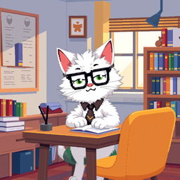 A pixel art representation of a male white psychologist cat wearing stylish glasses, sitting at a small desk and intently taking notes on a notepad