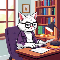 A pixel art representation of a male white psychologist cat wearing stylish glasses, sitting at a small desk and intently taking notes on a notepad