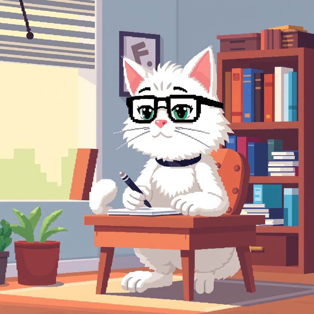 A pixel art representation of a male white psychologist cat wearing stylish glasses, sitting at a small desk and intently taking notes on a notepad