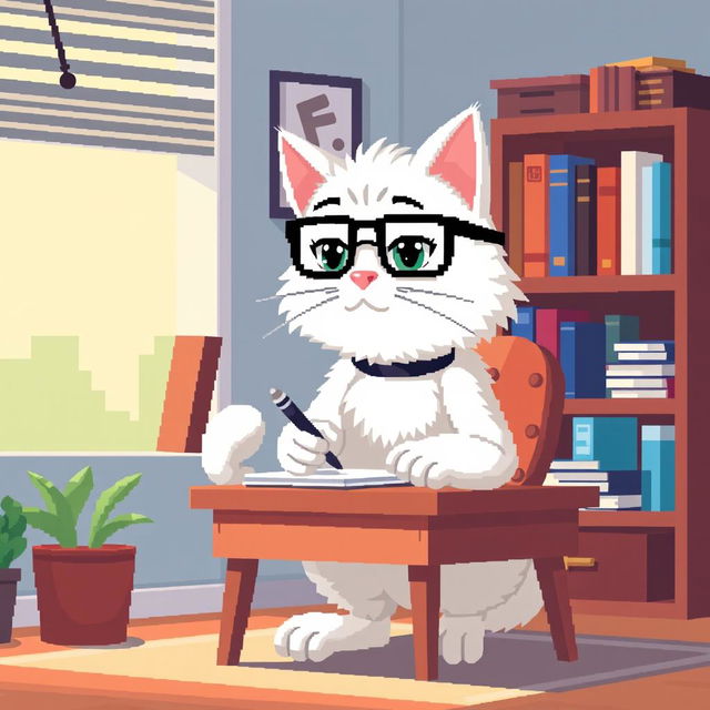 A pixel art representation of a male white psychologist cat wearing stylish glasses, sitting at a small desk and intently taking notes on a notepad