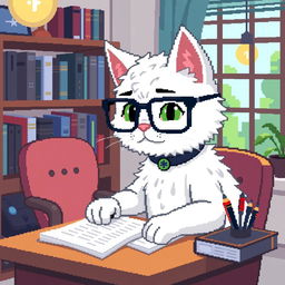 A pixel art representation of a male white psychologist cat wearing stylish glasses, sitting at a small desk and intently taking notes on a notepad