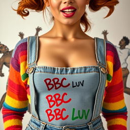 closeup on chest and torso of a gorgeous female with stunning auburn hair styled in pigtails, wearing a colorful rainbow half sweater and a belly top that reveals her midriff