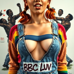 closeup on chest and torso of a gorgeous female with stunning auburn hair styled in pigtails, wearing a colorful rainbow half sweater and a belly top that reveals her midriff