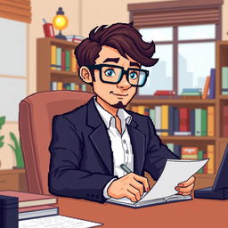 A pixel art representation of a psychologist wearing stylish glasses, sitting at a desk and diligently taking notes on a notepad