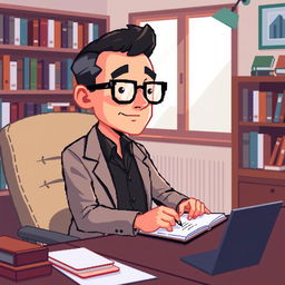 A pixel art representation of a psychologist wearing stylish glasses, sitting at a desk and diligently taking notes on a notepad