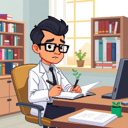 A pixel art representation of a psychologist wearing stylish glasses, sitting at a desk and diligently taking notes on a notepad