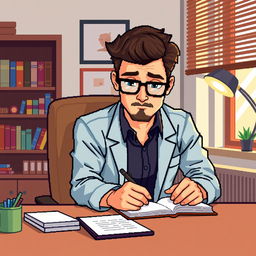 A pixel art representation of a psychologist wearing stylish glasses, sitting at a desk and diligently taking notes on a notepad