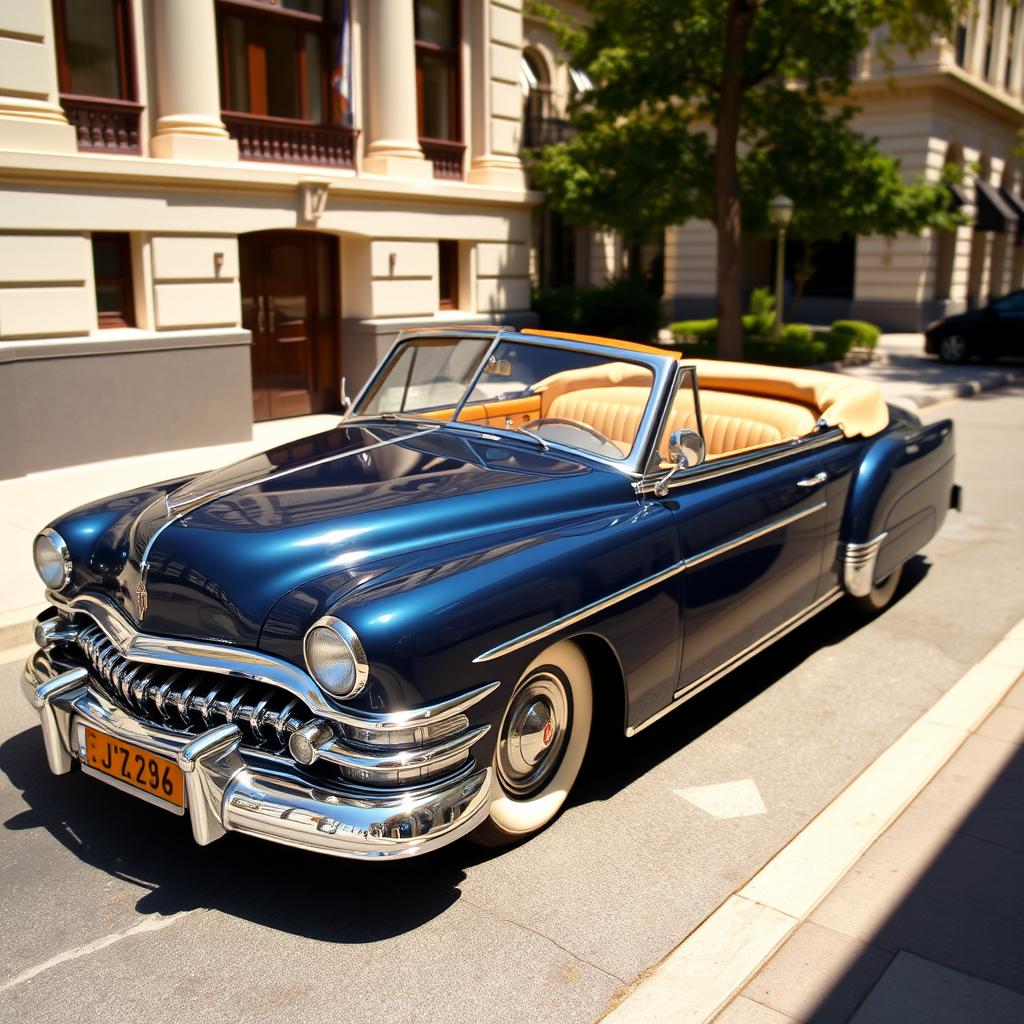 A vintage 1949 Lincoln Cosmopolitan convertible featuring a more pronounced slope to the hood