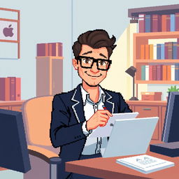 A pixel art representation of a psychologist wearing stylish glasses, sitting at a desk and taking notes on a notepad