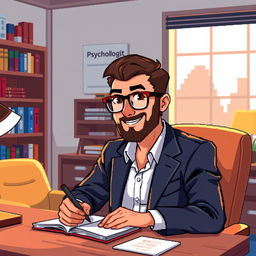 A pixel art representation of a psychologist wearing stylish glasses, sitting at a desk and taking notes on a notepad