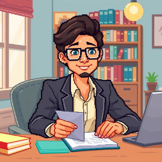 A pixel art representation of a psychologist wearing stylish glasses, sitting at a desk and taking notes on a notepad