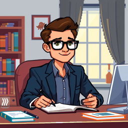 A pixel art representation of a psychologist wearing stylish glasses, sitting at a desk and taking notes on a notepad